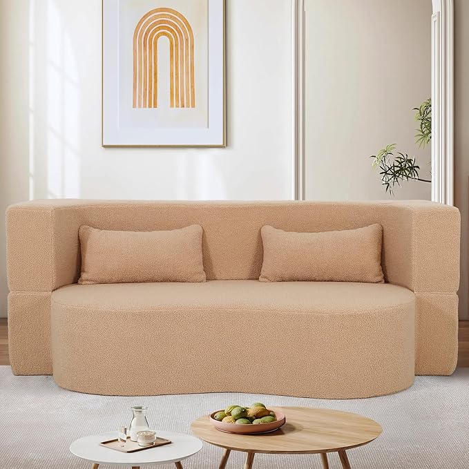 2-in-1 Convertible Sofa Bed 79 Memory Foam Boneless Couch Bed Full Size Love Seat Sleeper Sofa Floor Couch Loveseat with 2 Pillows for Living Room Bedroom Apartment Office (Apricot 79)