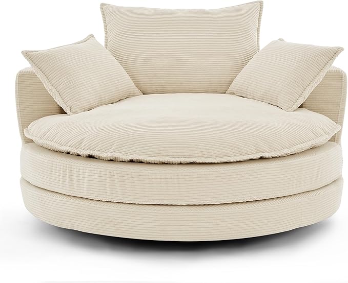 Merax 360° Swivel Sofa Chair 57.5 Swivel Accent Barrel Chair with Dual-Layer Cushion Design Modern Corduroy Leisure Sofa Round Chaise Lounge with 3 Removable Pillows for Living Room Bedroom