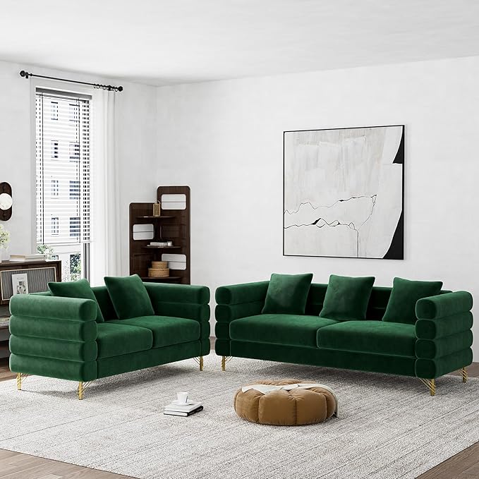 Living Room Sofa and Loveseat Set Modern Comfy Overstuffed Velvet Deep Seat Cloud Couch with 5 Pillows Oversized Chesterfield Furniture Sets for Living Room Bedroom Emerald Green Velvet