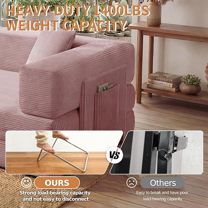 78.8 Convertible Sofa Bed with Armrest Pillow 4-in-1 Sleeper Couch Bed for Livingroom Modular Corduroy Boneless couches No Assembly (Pink)