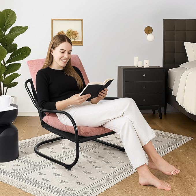 Peace nest Modern Accent Chair Comfy Living Room Suspended Chair Bedroom Armchair with Mental Frame Comfortable Upholstered Cushion for Balcony Lounge Reading Meeting Room Pink
