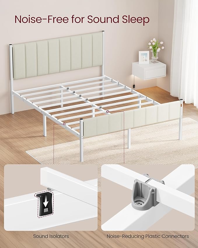 VASAGLE Queen Bed Frame with Upholstered Headboard Metal Bed Frame Queen Size with Footboard 1100 lb Weight Capacity Steel Slats Easy Assembly No Box Spring Needed Cappuccino Beige URMB981W01V1
