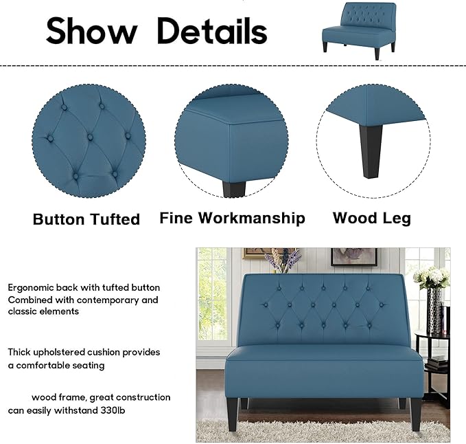 Alunaune Upholstered Blue Loveseat Bench Couch for Bedroom Modern Cushioned Armless Settee Small Love Seat Sofa Faux Leather Living Room Couch