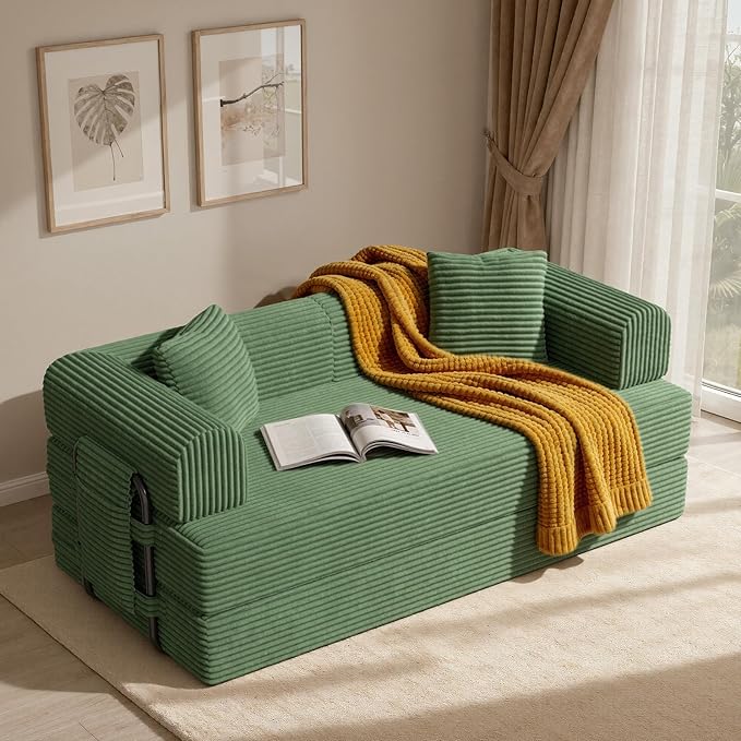 Convertible Coarser Corduroy Sleeper Sofa Bed with Cylindrical Pillow Folding Mattress Couch with Fixed-Shape Frame Floor Sofa Lounge Couch for Living Room Bedroom Lounge Studio Green
