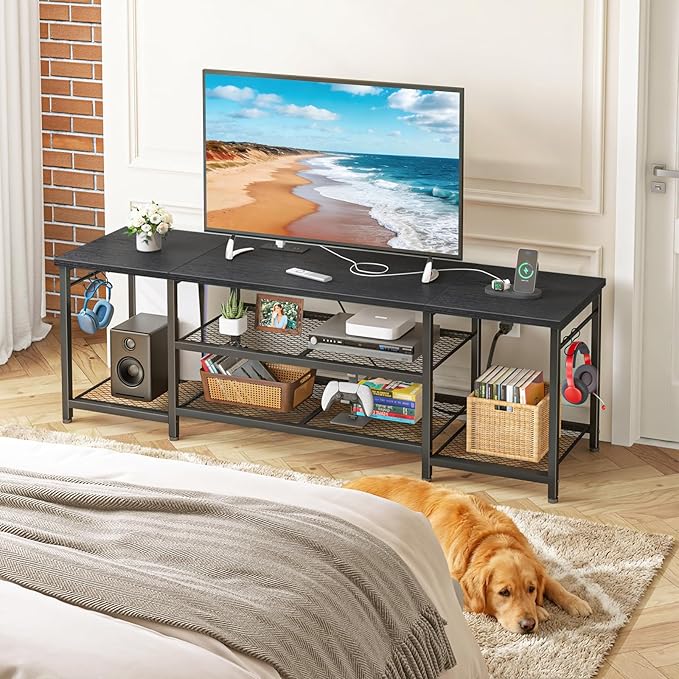 YGEOMER TV Stand for Up to 75 Inch TVs Entertainment Center with Power Outlet and Open Storage Shelves TV Media Console Table for Living Room and Bedroom Black