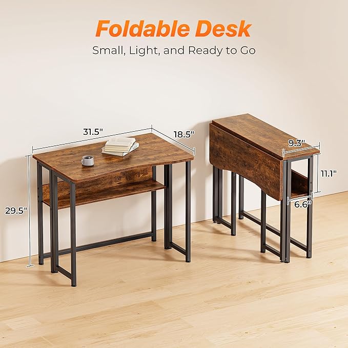 Huuger Folding Desk with Storage Shelf 31.5 Inch Foldable Computer Table for Small Spaces Space Saving Sofa Table for Couch Writing Work Office Computer Desk Easy to Fold Rustic Brown