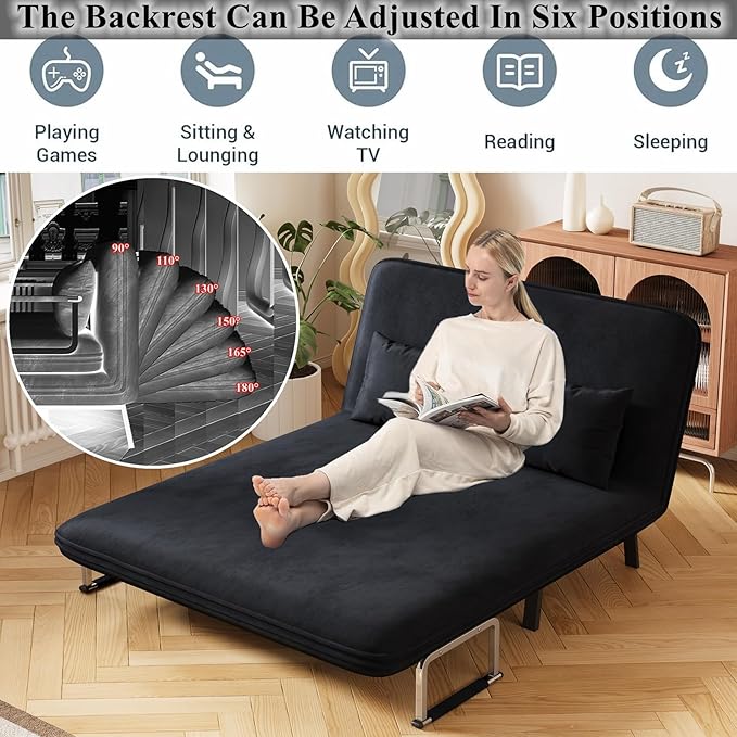 Convertible Sofa Bed Full Size Velvet Tri-Fold Sofa Bed with 6-Position Adjustable Backrest Multi-Functional Folding Chaise Lounge Couch for Home Office 55 W x 74.8 L Black