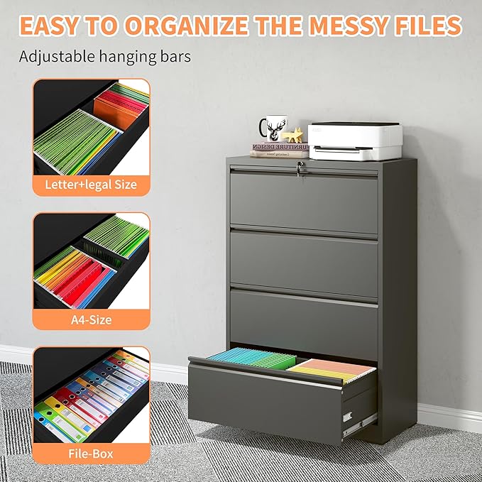 4 Drawer Lateral File Cabinet with Lock - Heavy-Duty Metal Filing Cabinet for Home Office Small Storage Cabinet Organizer with Under Desk Locking DrawersBlack