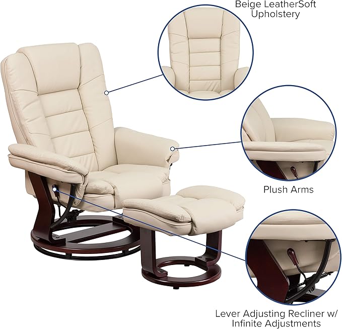 Flash Furniture Bali Contemporary Multi-Position LeatherSoft Recliner Chair with Ottoman 360-Degree Swivel Recliner Chair/Ottoman Set Beige
