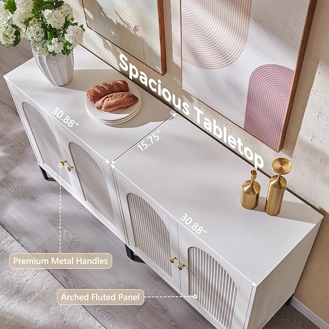 Modern TV Stands for 85 Inch TVs 123.5‬W Wood Entertainment Center w/Adjustable Shelves Mid Century Modern TV Stand w/Arched Fluted Doors Media Console Cabinet for Living Room White