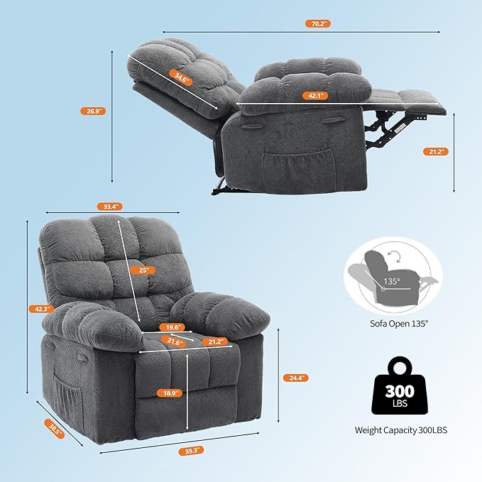 Manual Recliner ChairErgonomic Overstuffed Breathable Fabric Reclining Chair with Side Pocketsq235 Steel Frame Lazy Boy Recliner Single Sofa for Living Room Bedroom