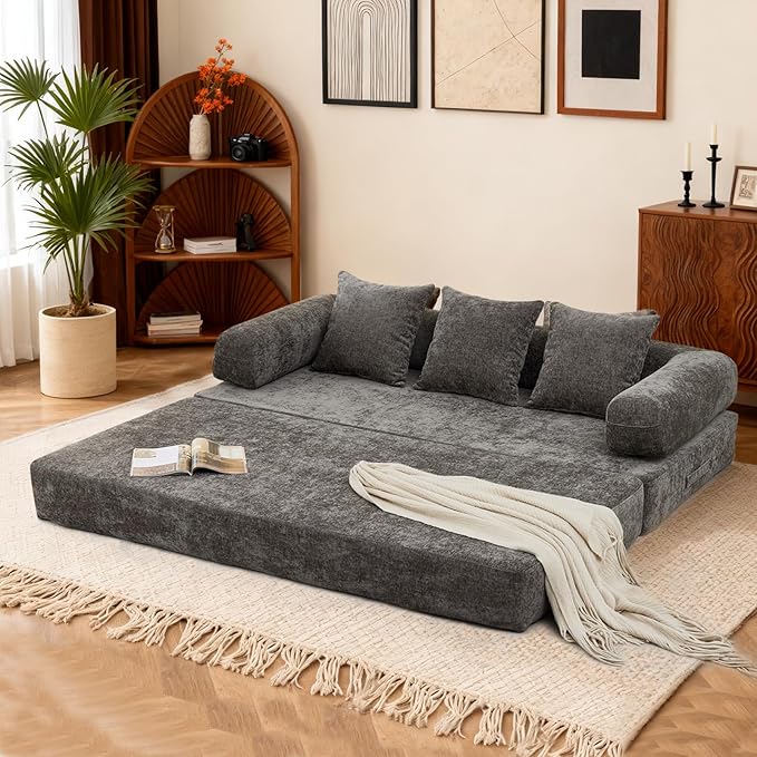 79 Inch 4-in-1 Convertible Sofa Bed Boneless Couches Chenille Folding Sleeper with Pull Out Bed Floor Futon Modular Lounge Loveseat Compressed Sofa No Assembly Required for Living Room (Gray)