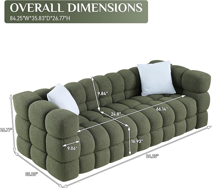 Boucle Sofa Couch 84.3 Comfy Upholstered Sherpa Sofa Tufted Cozy 3-Seater Deep Seat Cloud Couch Modern Oversized Loveseat with 2 Pillows for Living Room Apartment Office Olive Green