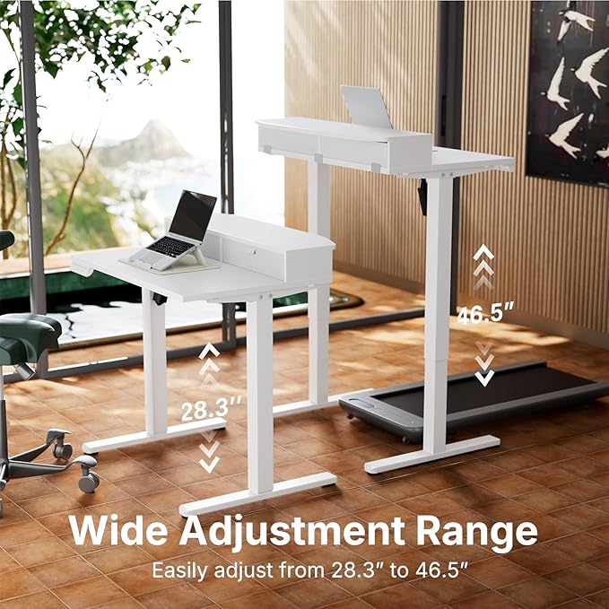 HUANUO 32 x 21 inch Small Electric Standing Desk with 2 Drawers C-Clamp Mount Compatible Height Adjustable Sit Stand Desk Home Office Stand Up Desk with 4 Memory Height Settings White