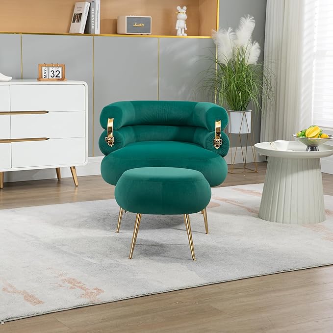 Velvet Oversized Armchair Accent Chair with Ottoman Mid-Century Modern Living Room Chairs Single Sofa Chair with Metal Legs Upholstered Tufted Reading Chairs for Bedroom Office (Green)