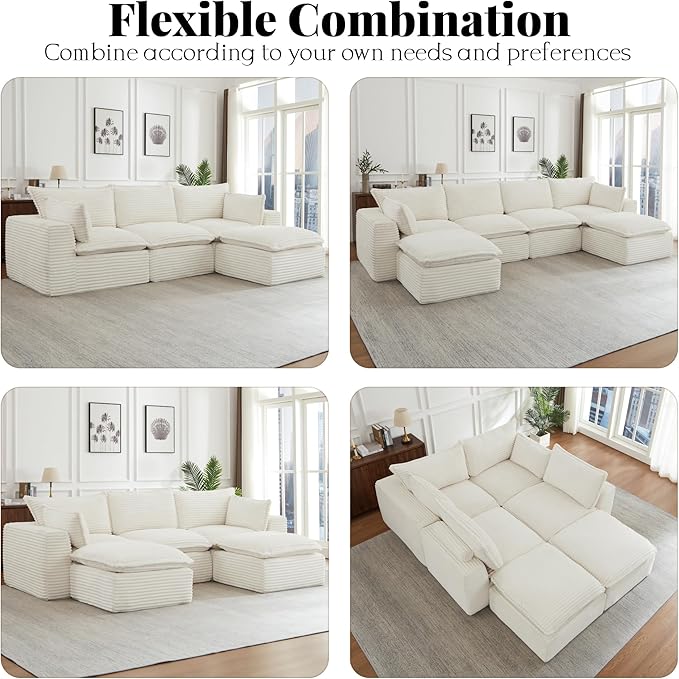 Modern L Shape Boneless Couch 109.4 Modular Sectional Sofa with Ottoman Comfy Corduroy Cloud Sofa with Deep Seat &amp Double-Layer Cushion Convertible 4 Seater Sleeper Couches for Living Room Wh