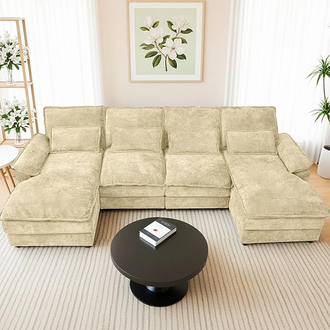 110 U Shape Sectional Sofa Cloud Couch for Living Room Upholstery Comfy Modular Sofas 4 Seat Chenille U-Shaped Sleeper Sofa with Chaise Lounge Pillows for Apartments Kakhi