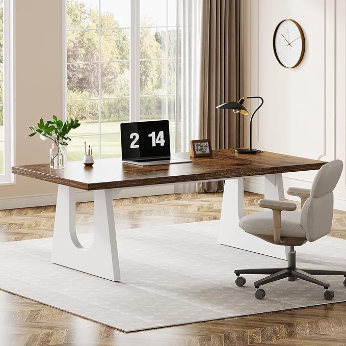 Tribesigns 70.86-Inch Executive Desk Large Computer Office Desk with Double Wood Pedestal Modern Simple Style Rectangle Writing Table for Home Office (Brown &amp White)