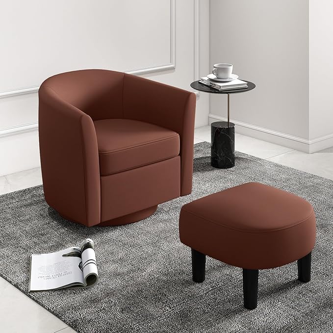 Giantex Swivel Small Accent Chair with Ottoman Modern Faux Leather Barrel Club Chair w/Footrest Removable Seat Cushion Swivel Single Sofa Arm Chair for Living Room Bedroom Office (Brown)