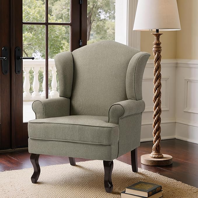 Pia Ricco High Back Floral Accent Chair Upholstered Fabric Armchair with Solid Wood Legs - Retro Living Room Reading Chair Comfortable Single Sofa Seat-Moss Grey