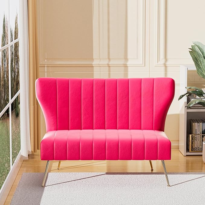 50’’ Velvet Modern Armless Loveseat for Living Room Bedroom Upholstered Small Wingback Couch Sofa with Gold Metal Legs &amp 2 Seater (Fuchsia 50 Loveseat)