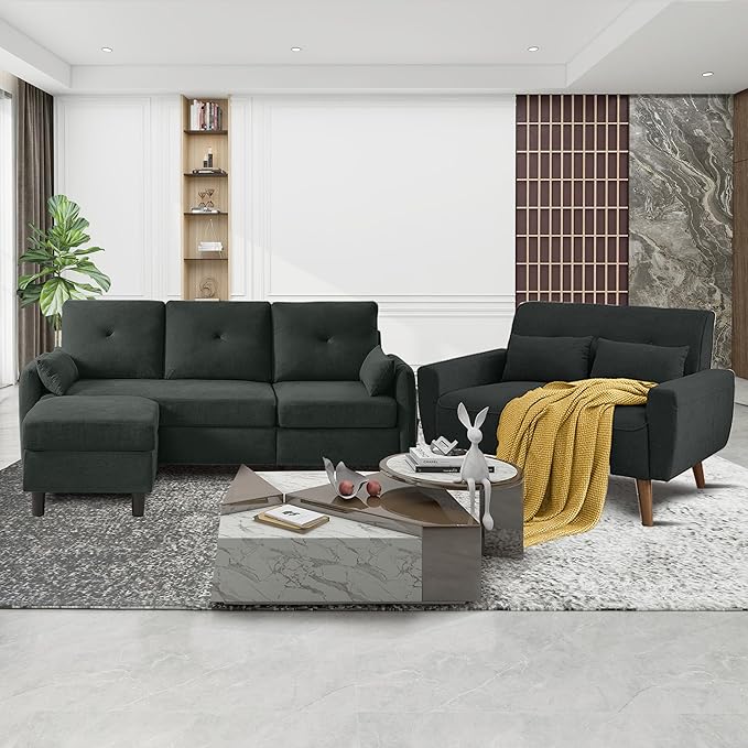 Convertible Sectional Couch Set 77 L Shaped Sofa with Ottoman and 48 Loveseat Modern Couches for Living Room Apartment and Office Black