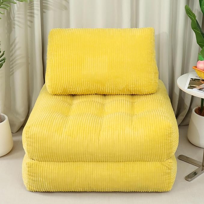 Yellow Folding Sofa Bed - Convertible Sleeper Chair with Pillow &amp Back Support Comfy Foldable Mattress Portable Futon Fold Out Chair Bed for Living Room/Bedroom/Apartment