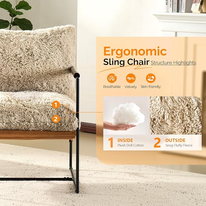 VINGLI 28 Wide Plush Upholstery Sling Modern Accent Chairs Set of 2 Cute Reading Armchair with Removable Seat Cushion &amp Tan Microfiber Seat Base Lazy Chair for Bedroom &amp Lounge Beige