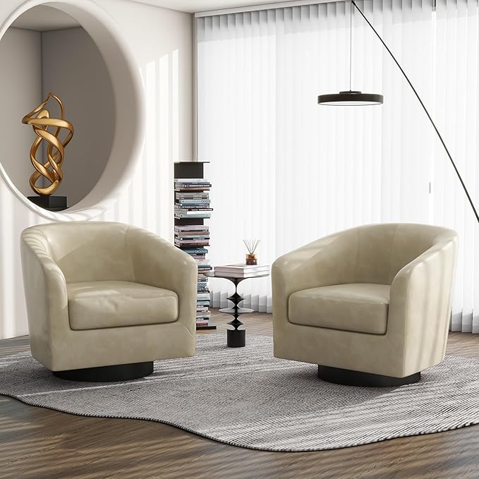 Swivel Barrel Accent Chair Modern Round Faux Leather Arm Chair for Living Room Bedroom Comfy Club Reading Chairs for Adults(Faux Leather Cream Set of 2)