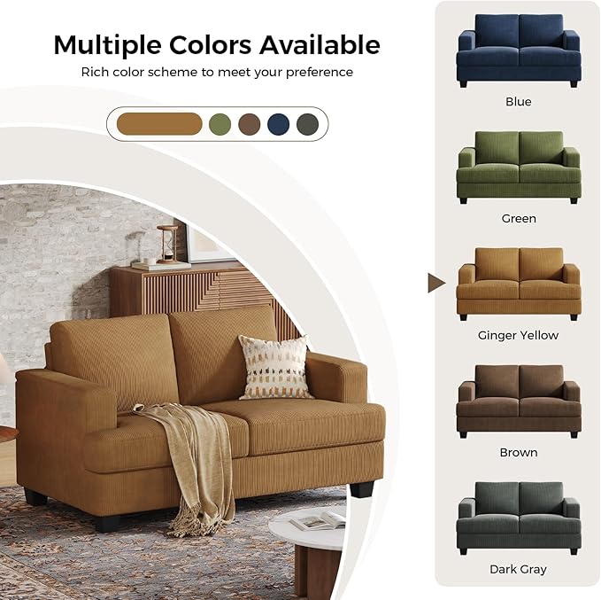 63 Inch Sofa with Extra Deep Seats Oversize Corduroy Fabric 2 Seater Sofa for Living RoomModern Couch and Loveseat Comfy Armrests and Seats and Backrests Easy Installation Ginger Yellow