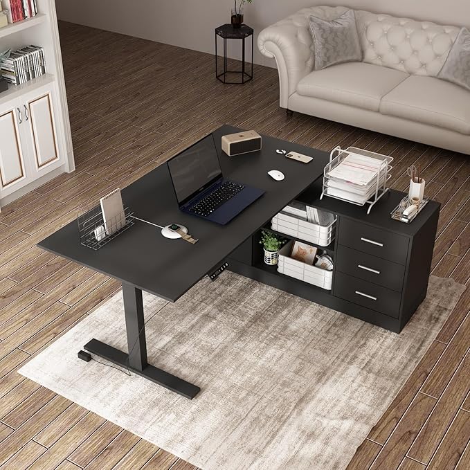 63 W L-Shaped Electric Standing Desk with Cabinet Height Adjustable &amp Reversible Corner Computer Desk with Drawers &amp Storage Shelves for Home Office Black