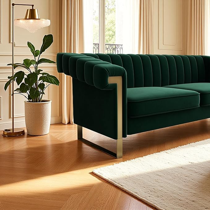KEIKI 84 Velvet Sleek Channel-Tufted Sofa with Armrest and Back Cushions Modern Gold Accents 3-Seater Upholstery Couch with Solid Legs Easy Assembly for Living Room Bedroom Apartment Green