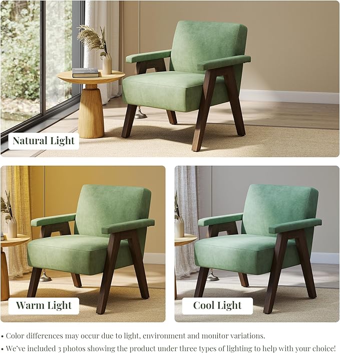 Mid-Century Accent Chair Linen Fabric Upholstered Lounge Armchair with Solid Wood Frame Modern Reading Chair for Living Room Bedroom ApartmentSage Green