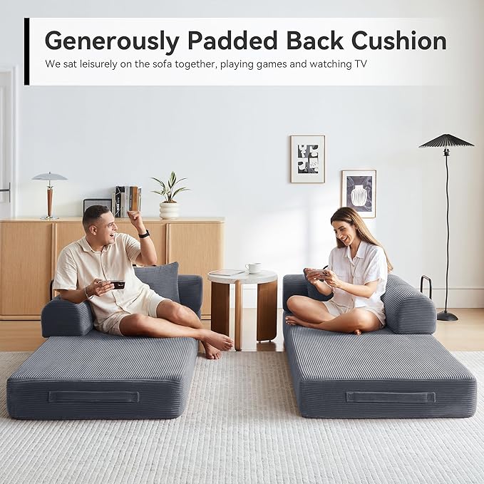 Sofa Bed Corduroy Sleeper Sofa Bed with Fixed Frame Floor Sofa Lounge with Pillow Convertible Folding Mattress Couch for Living Room Bedroom Lounge Studio (Dark Grey)