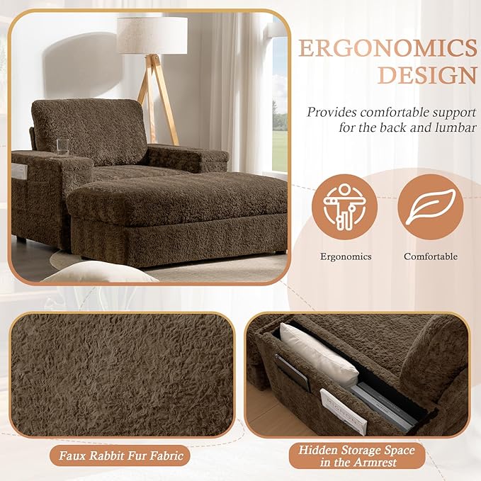 Oversized Chaise Lounge Chair Indoor with Storage Armrest &amp Ottoman Sleeper Chair with Cup Holder Deep Seat Faux Fur Upholstered Couch Sofa Bed Reclining Chair for Living Room Bedroom Brown