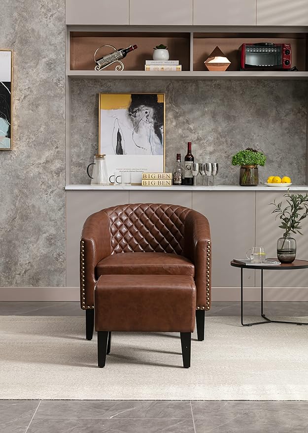 Accent Chair with Ottoman Mid Century Modern Barrel Chair Upholstered Club Tub Round Arms Chair for Living Room