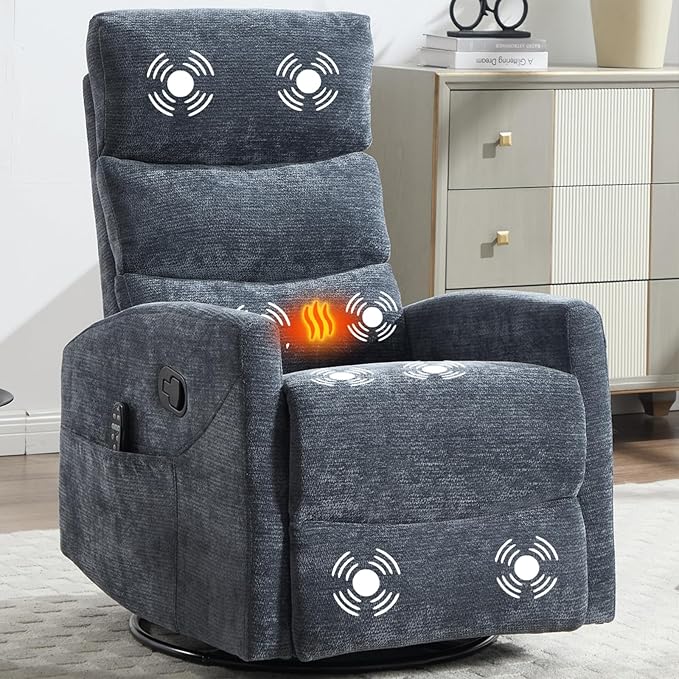 Massage Chair Recliner with Heat Swivel Rocking Chair Recliner with High Back Manual Lazy Boy Recliners for AdultsSmall Recliner Chair for Small Spaces Living Room Bedroom Fabric (Blue2)