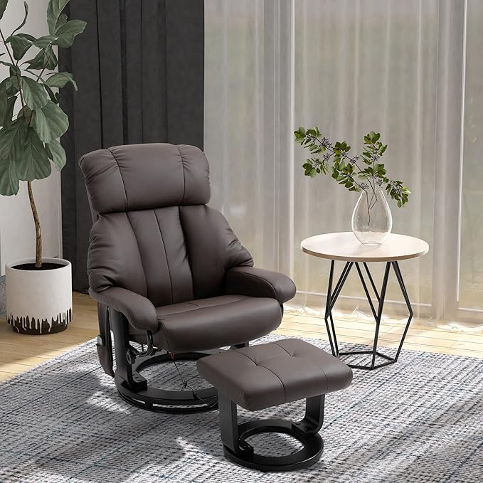 Massage Recliner Chair with Ottoman 10 Vibration Points and 360° Swivel Comfortable Faux Leather Living Room Chair with Side Pocket Brown.