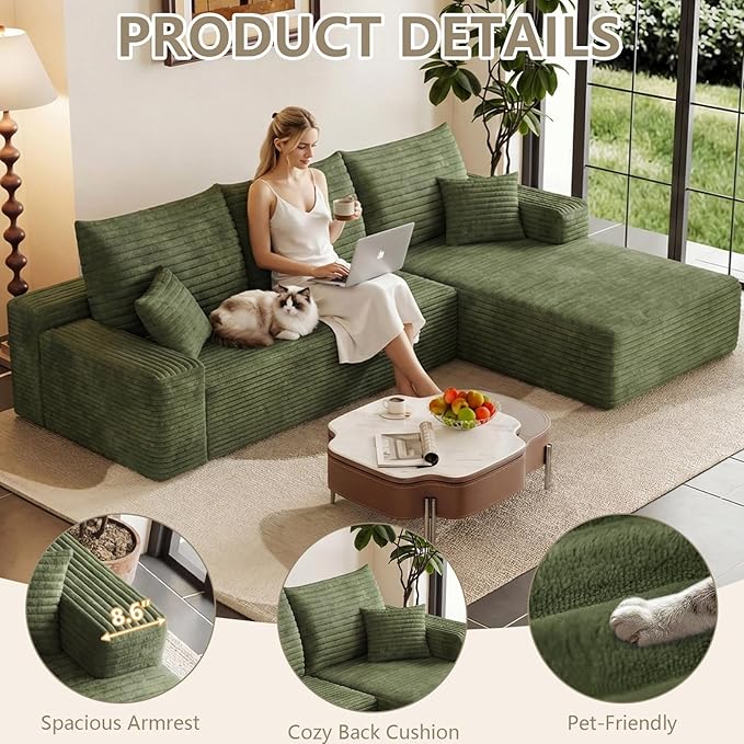 95 Modular Sectional Sofa Cloud Sectional Couch with Deep Seat Corduroy Boneless Couch with L-Shape Sofa for Living Room No Assembly Required(Green Right Facing Chaise)