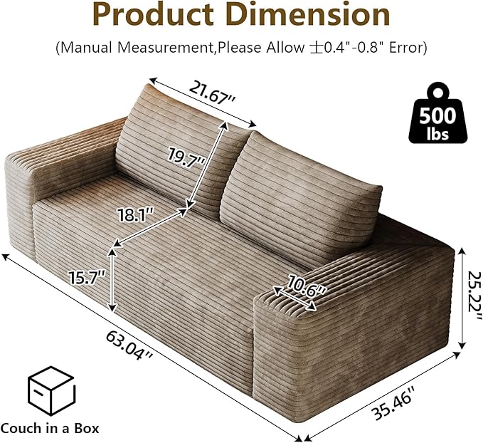 63 Boneless Loveseat Sofa - Cloud Couch with Memory Foam Comfy Deep Seat - Corduroy Floor Sofa No Assembly Required - Small Space Friendly for Living Room Bedroom Apartment Camel