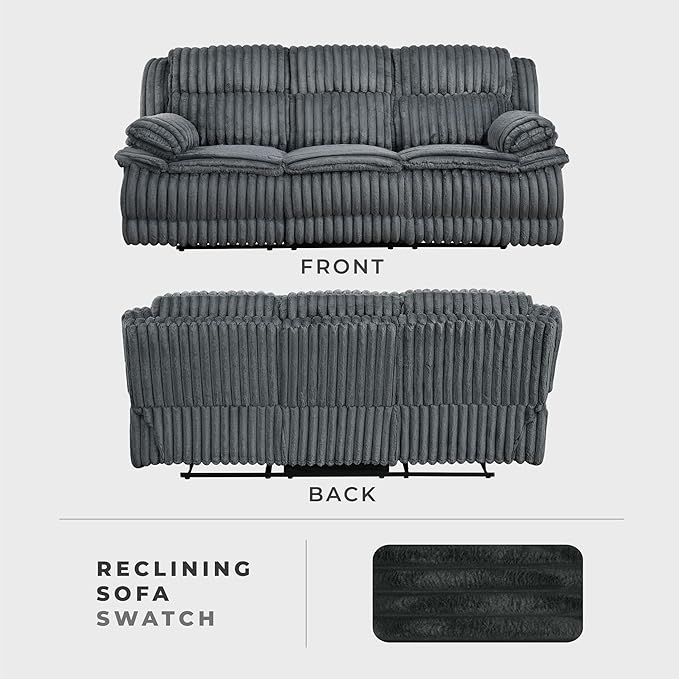 Lexicon Manual Double Reclining Sofa Corduroy Manual Wall Hugger Recliner Couch Pillow Top Arms Plush Foam Cushions Over Pocket Coils Cozy Reclining Sofa for Living Room Dark Gray