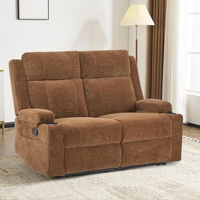 Loveseat Recliner Double Recliner Loveseat with Adjustable Footrest &amp Cup Holder Wall Hugger Recliner for Living Room &amp Home Theater &amp RV(Brown)