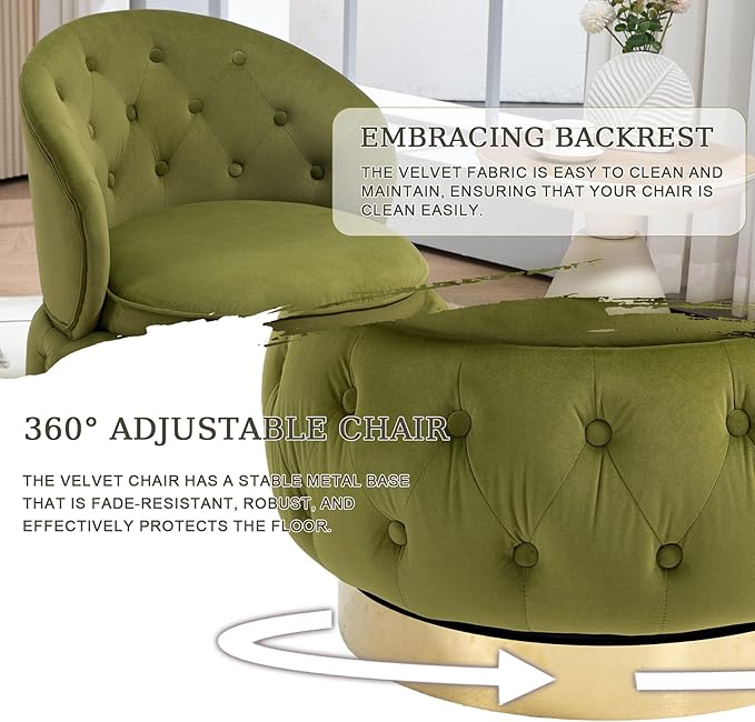 Modern Swivel Accent Barrel Chair with Storage Comfy Barrel Chair with Tufted Button and Cozy Cushion for Living Room Bedroom Office Velvet Gold Base Mid Backrest (Olive Green)