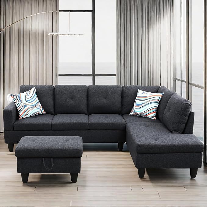 L Shaped Sectional Couch with Ottoman Modern Lounge Modular Sectional Sofa with Storage L Shaped Couch for Living Room Bedroom Dark Grey