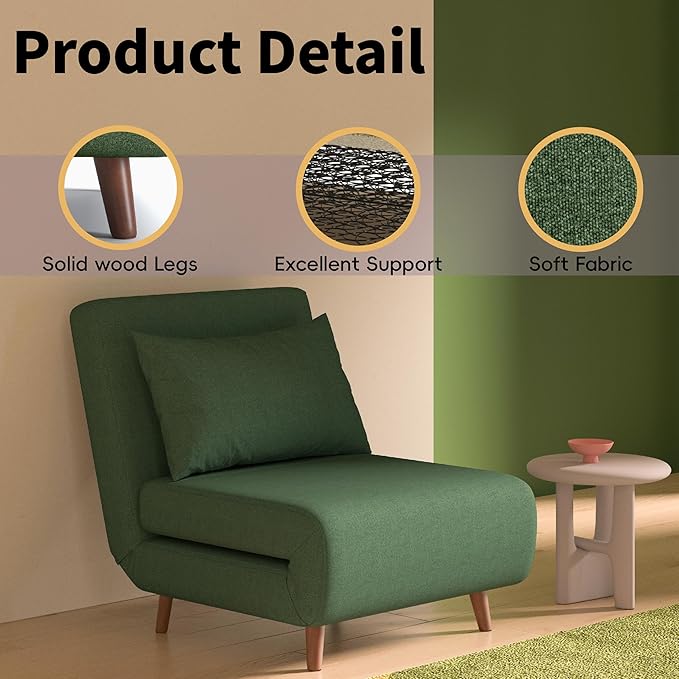 Convertible Sleeper Chair 3 in 1 Folding Single Chair Sleep Turns into Bed Sofa Bed for Adults Foldable Twin Chaise Lounge for Living Room Bedroom Sturdy Wood Frame and Easy Assembly