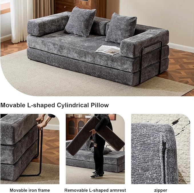 Alpen 77 Convertible Sleeper Sofa Bed with Pillow - Chenille Fabric &amp High-Density Sponge &amp Fixed-Shape Frame Modular Sofa for Living Room/Lounge/Studio Dark Grey
