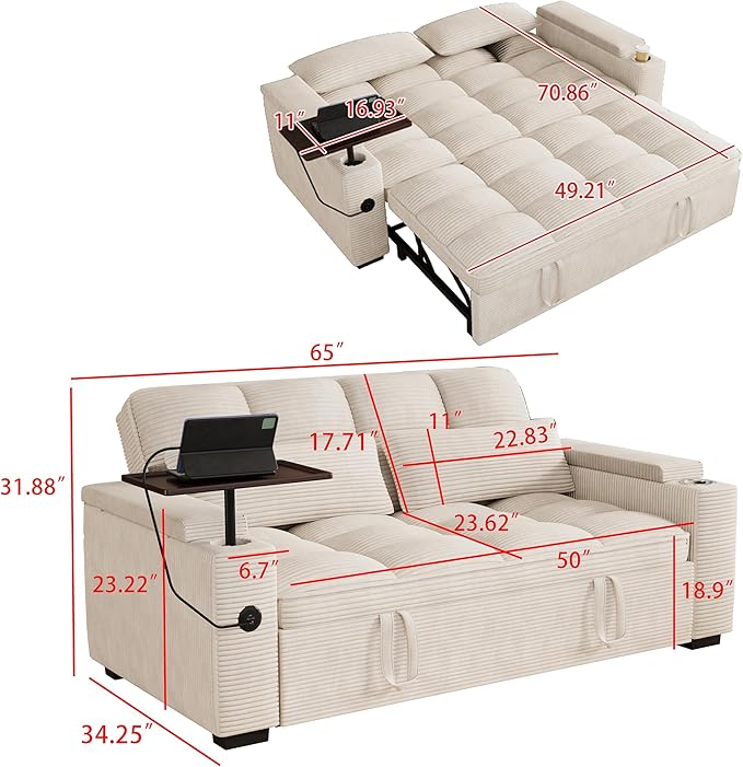 65 Sofa Bed Loveseat 3-in-1 Sleeper Sofa with Pull Out Bed 360° Swivel Side Table and USB 2 Seater Convertible Small Couch for Living Room Apartment (Beige Corduroy)
