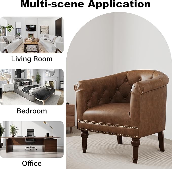 Accent Chair Upholstered Faux Leather Barrel Chair with Nailed Trim Comfy Club Armchair for Reading Living Room Bedroom Waiting Room (Rust Set of 1)