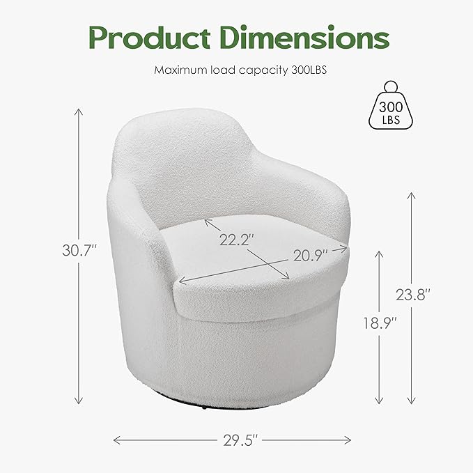 Swivel Accent Chairs Set of 2 Round Barrel Chairs with Washable Detachable Cover Living Room Chairs with Solid Mental Base Upholstered Accent Chairs for Living Room Bedroom Teddy (White)