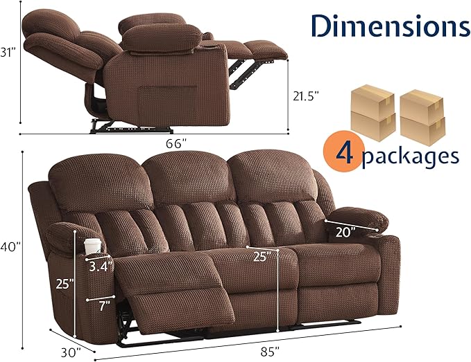 Jocisland Recliner Couch Reclining Sofa with Cup Holders 3 Seater Reclining Couch with Dual Wingback Comfy Recliner Sofas for Living Room(Brown)